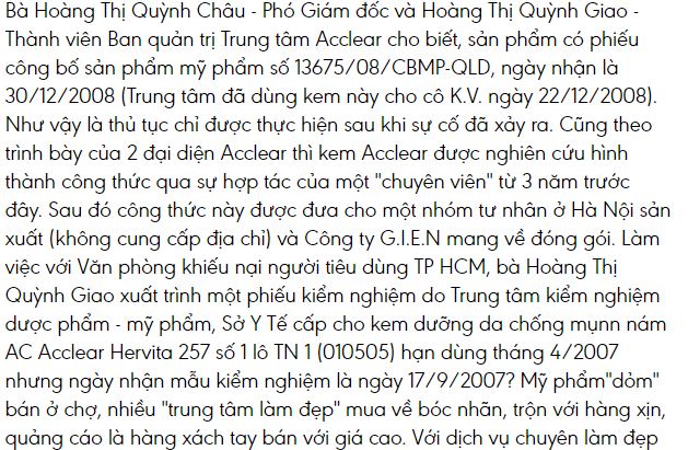 bài báo về trung tâm trị mụn Acclear