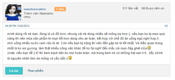 đánh giá về kem trị mụn Bạch Liên