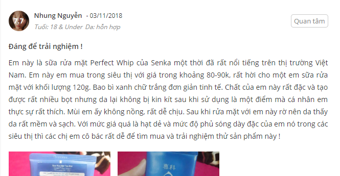 đánh giá sữa rửa mặt cho da mụn Senka Perfect Whip