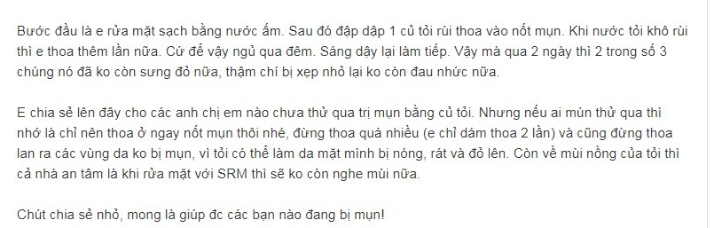 bạn đọc chia sẻ cách làm thuốc trị mụn bọc từ tỏi trên webtretho