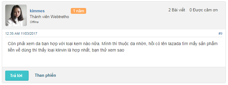 đánh giá kem trị thâm mụn Klirvin 